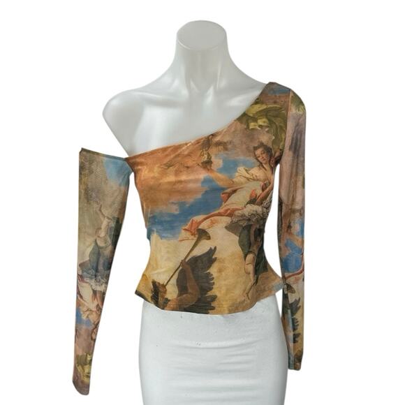 Princess Polly Multicolor Angel Print Off Shoulder Long Sleeve Crop Blouse Top 4 - Picture 1 of 4